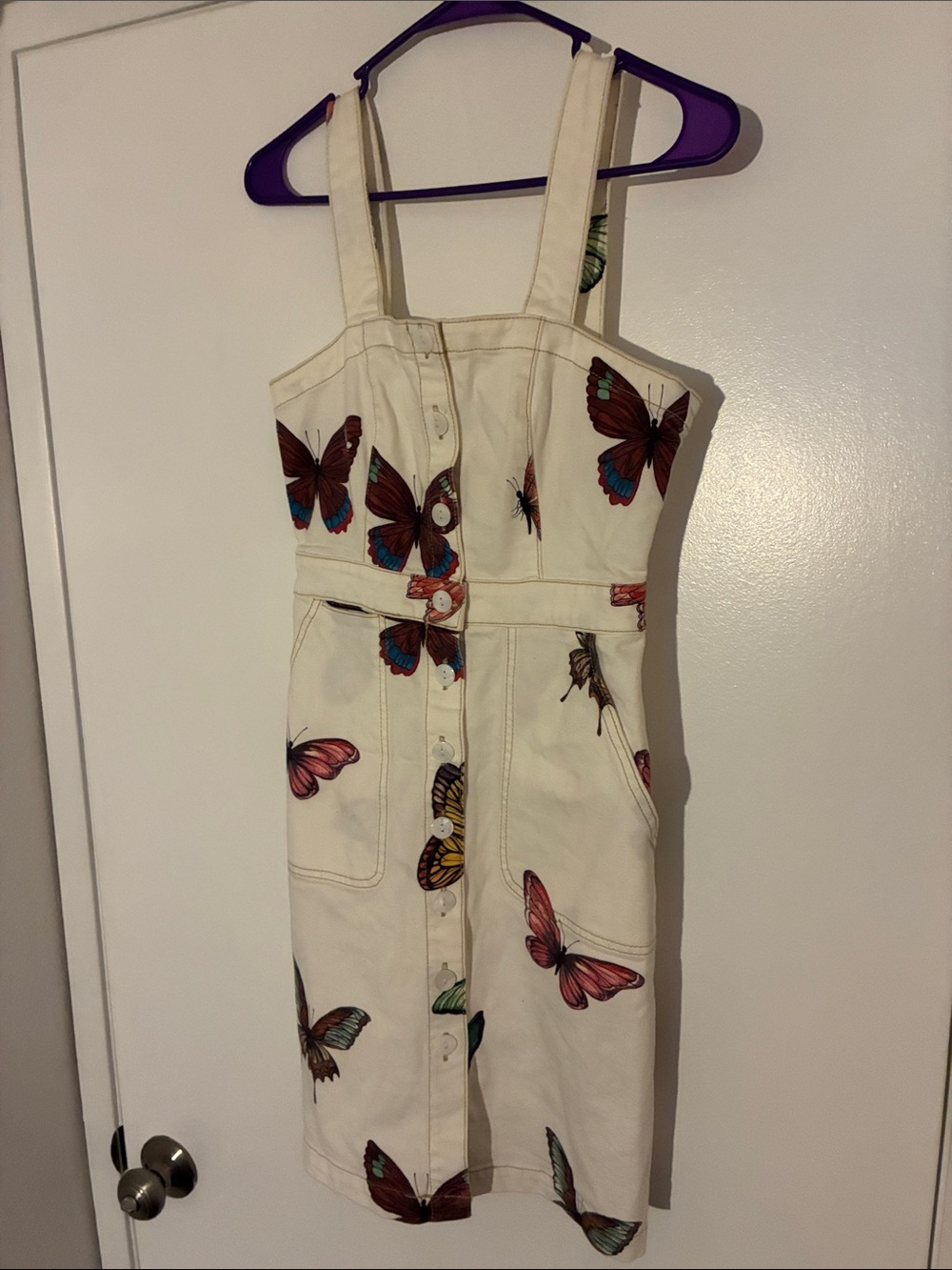 Rachel Antonoff Cream Button-Front Apron Dress Pockets w/Butterfly Print size 0 - Picture 3 of 13